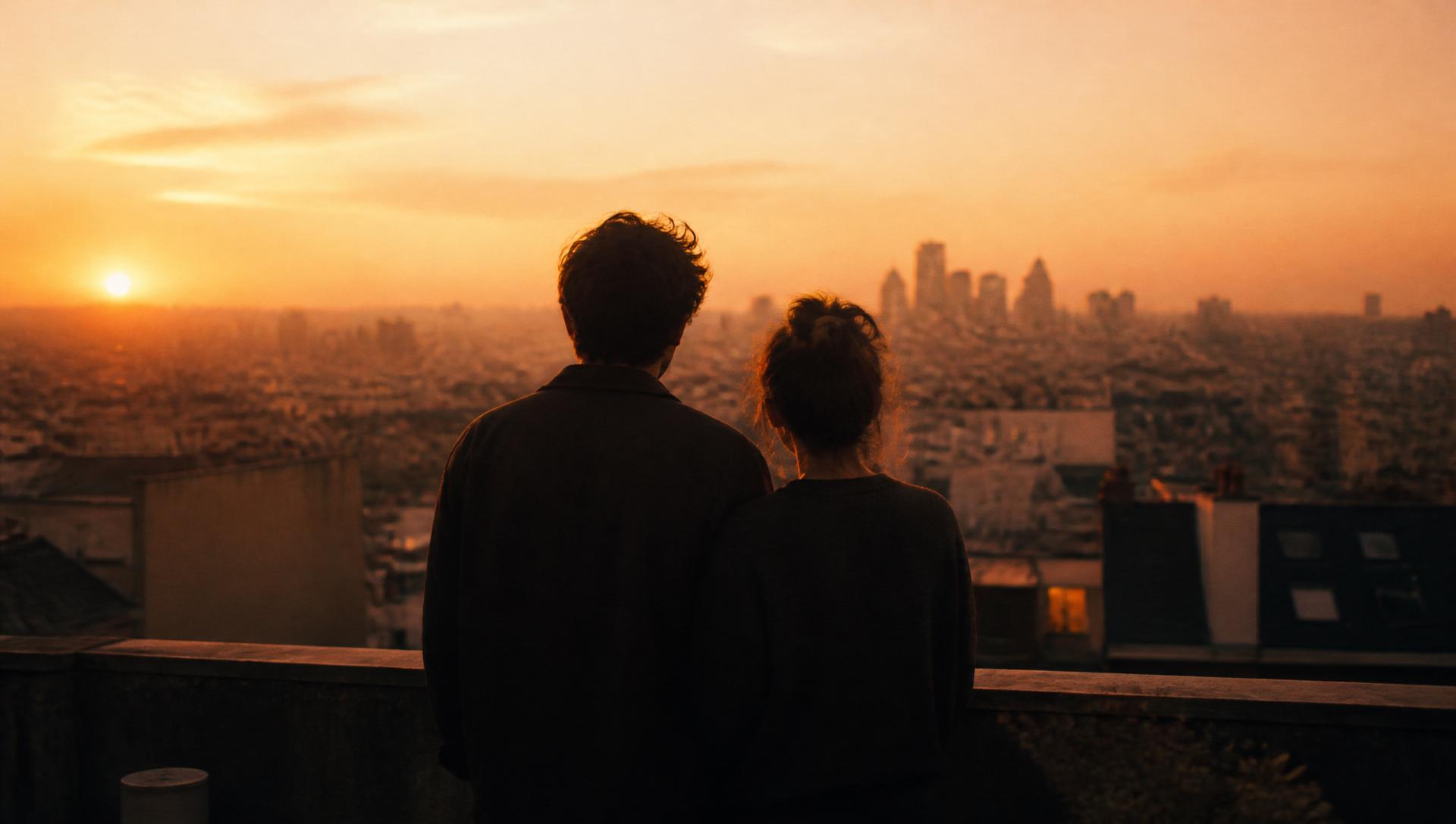 Couple watching the sunset over a city skyline